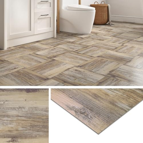 Livelynine Beige Floor Tiles Self Adhesive Vinyl Flooring Kitchen Bathroom Waterproof Peel and Stick Floor Tiles Distressed Wood 30x30 Stick on Floor Tiles Hallway Sticky Floor Tiles Bedroom, 4 Tiles