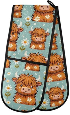 Double Oven Gloves Cute Highland Cow Heat Resistant Pot Holder Oven Mitt Gloves for BBQ Cooking Baking Grilling Microwave