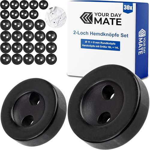 Knöpfe Set, für Hemden und Blusen, 30 Stück, 2-Loch, Ø 11 + 8 mm, in Schwarz, aus Kunstharz, Größe 18L + 14L, Harzknöpfe für Jacke, Mantel, Hemd, Bluse, Poloshirt, DIY Knopf Polyester, Wäscheknöpfe