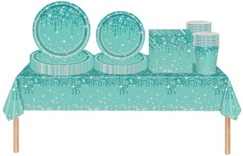 69 pièces Bleu Vert Brillant Strass Jetables Party Vaisselle Set, Papier Tasses Serviettesr Assiettes Set, pour Barbecue les Fêtes les Pique-niques Enfants Adultes Anniversaire Mariages et Noël
