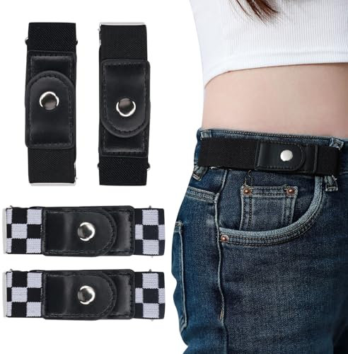 PetGlimmer 4 Stücke Kindergürtel Ohne Schnalle für Jungen Mädchen, Schnallenfreier Stretch Elastischer Gürtel, Grtel Ohne Schnalle für Jeans, Bis zu 35 cm, Schwarz, Schwarz-Weißes Karo