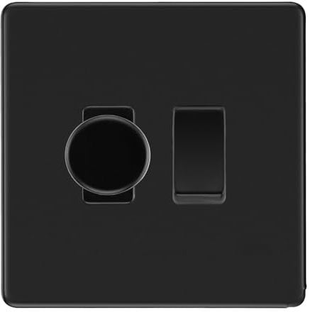 BG Screwless Flatplate Matt Black 2 Gang Grid Switch 1x Trailing Edge LED Dimmer 1x 2 Way