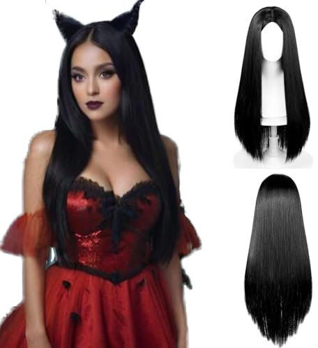 COSPLAZA 70cm/28 inches Schwarze Kostümperücke lang glatt mittig gescheitelt für Damen Cosplay Halloween Kostüme Perücke