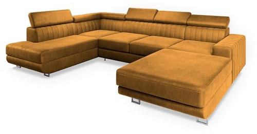 Masseno Ecksofa Siena L-S mit Schlaffunktion U-Form, Sofa mit Bettkasten, Wohnzimmersofa, Couch, Soffa, Bettsofa, Couchgarnitur- Gelb, Monolith 48