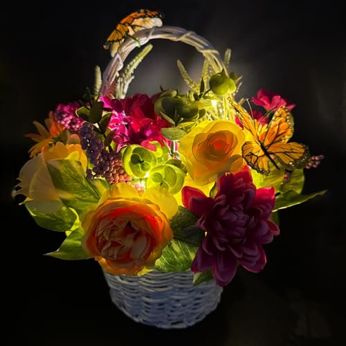 Online Fuchs Bunter Blumenkorb mit künstlichen Blumen, Schmetterlingen, LED-Lichterkette und Timerfunktion - Deko Für Frühling und Sommer (Bunt)