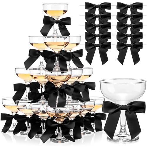 Zopeal 30 Set Champagne Tower Champagne Coupe Cocktail Glasses 5 oz with Satin Bows 3.5 Inch Plastic Margarita Espresso Martini Glasses for Valentine's Birthday Party (Black Bow)