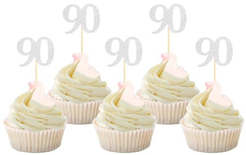 Sotpot 30 Pack Happy 90th Birthday Cupcake Toppers 90 Years Cupcake Decorations for 90th Birthday Anniversary Party Supplies Silver Glitter