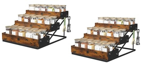 KOKSTOP Faltbares Gewürzregal mit 3 Ebenen, Organizer für Arbeitsplatte, Stufenregal mit Gewürzgläsern für Küchenschrank, Schubladen, Gewürze, rustikaler Gewürzhalter aus Holz für Zuhause, Schrank