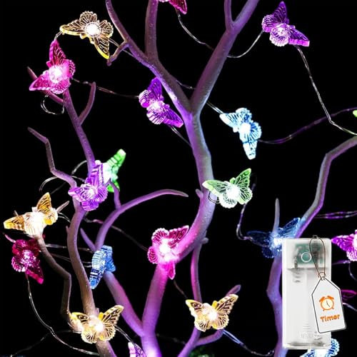 ALEGRE® LED Lichterkette Schmetterling mit Timer, 2M 20 LED Bunte Schmetterling Lichterkette, Schmetterling Deko Lichterketten Innen Außen, Lichterketten mit Timer für Hochzeit,Garten,Frühling Deko