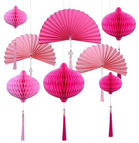KASESSS 8 PCS Paper Decorations Hanging Set, Pink Paper Fan Pom Poms Party Decorations Set, Papers Fans Honeycomb Deco for Birthday, Wedding, Engagement, Baby Shower, Tea Parties, Garden Party