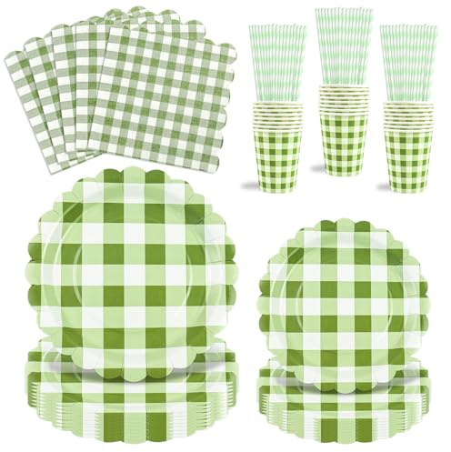 Lot de 80 pièces Vaisselle de fête à carreaux vichy Vert, Assiettes, Gobelets, Pailles et Serviettes pour tea party, anniversaires, mariages, baby shower et décorations de fête (Vert)