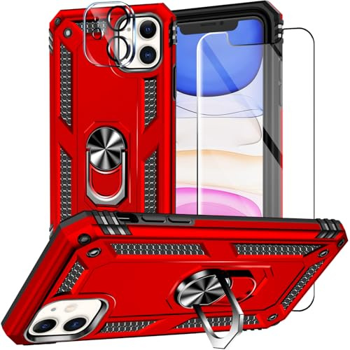 Jihucase for iPhone 11 Case with Screen Protector:[Military Grade Drop Tested] Ring Holder Kickstand Shockproof Anti-Slip Protective Phone Case for iPhone 11 6.1- Red