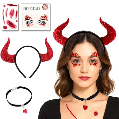 Teufel Kostüm Damen, Teufelshörner Haarreif, Gothic Halskette, Glitzersteine Gesicht, Narben Tattoo, Karneval Kostüm Damen Herren Mädchen Kinder, Devil Hörner Rot Kopfschmuck Accessoires für Halloween