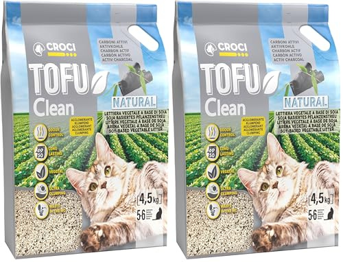 Croci Tofu Clean Katzenstreu, 10 l, Aktivkohle, klumpend, geruchshemmend, mit Aktivkohle, biologisch abbaubar, 100% pflanzlich, langanhaltender Sand (Packung mit 2)