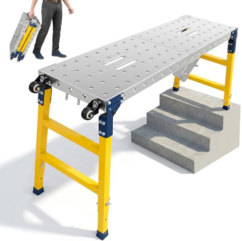SAIBOO Piattaforma di Lavoro Ponteggio Pieghevole Portatile 120x30×90 CM Banco da Saldatura Pieghevole con 4 Ruote Girevol Portata 500 KG, Acciaio Zincato, Ponteggio Regolabile in Altezza
