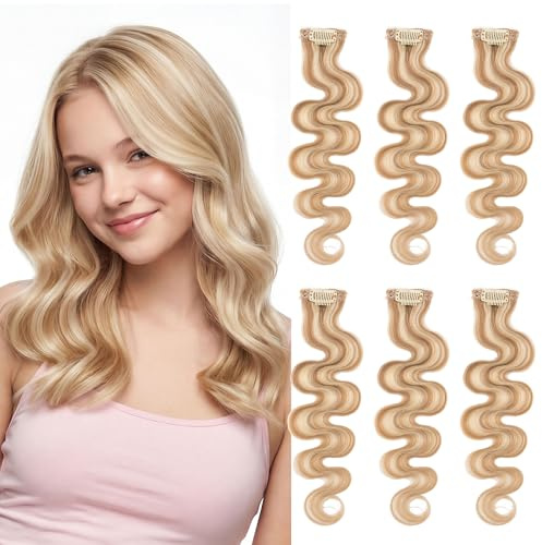 MY-LADY 6PCS Clip in Extensions Echthaar Lockige mit Lace Basis, Body Wave Flexible Single Clip In Hair Extensions Natürlich für Partielles Volumen 25cm #12P613 Goldbraun&blond 31g Für Damen