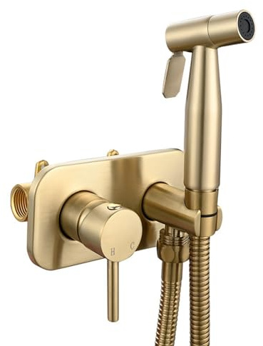 FQYEP Pulvérisateur de Bidet Portable Laiton Kit Douchette Wc Encastré Eau Chaude et Froide,Or Brossé
