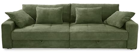 luma-Home 15262/ Big-Sofa Lounge-Couch mit 2 Bettkästen, Grün | B284/T113/H84 cm, Wellenunterfederung, gesteppte Sitzfläche, Rückenkissen & Zierkissen, moderner weicher Cord-Bezug