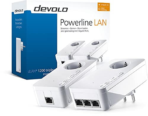 Devolo dLAN 1200 triple+ Powerline Starter Kit, 1200 Mbit/s Internet über die Steckdose, 3x Gigabit Ports, 2x Powerlan Adapter, integrierte Steckdose, PLC Netzwerkadapter, weiß