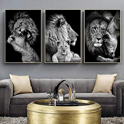 XLXZZ Löwenpaar Leinwand Malerei Schwarz-Weiß-Tier-Poster Drucken Wandkunst Bild Wohnkultur, Esszimmer -50x70cmx3 STK. Kein Rahmen