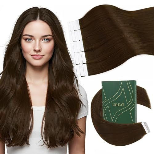 Ugeat Tape in Extensions Braun 55cm Geheim Haarverlängerung Tape Echthaar Extensions Tape Schokobraun für Mädchen 20 Stück 50g #4