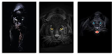 Leinwand Malerei Schwarz Leopard Bild Druck Tier Panther Wandkunst Poster Moderne Wohnzimmer Dekor Gemälde Zuhause 40x60cm (16x24in) x3 Rahmenlos