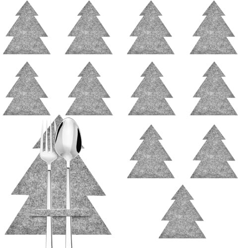 Vibbang 12 Stücke Weihnachten Besteckhalter Filz Weihnachtsbaum Elch Schneeflocke Bestecktasche Weihnachten Tischdeko Weihnachten Urlaub Party Abendessen Gabel Dekor (Weihnachtsbaum)