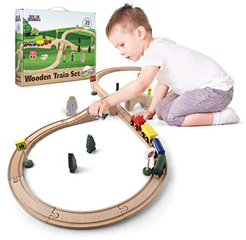 Play Build Holzeisenbahn Set Für Kinder – 35-Teiliges Komplettes Holz Eisenbahnen Set– Interaktives Spiel- Und Lernset – Kreatives Holzeisenbahn-Design – Premium-Qualität Eisenbahn Holz – Ab 3 Jahren