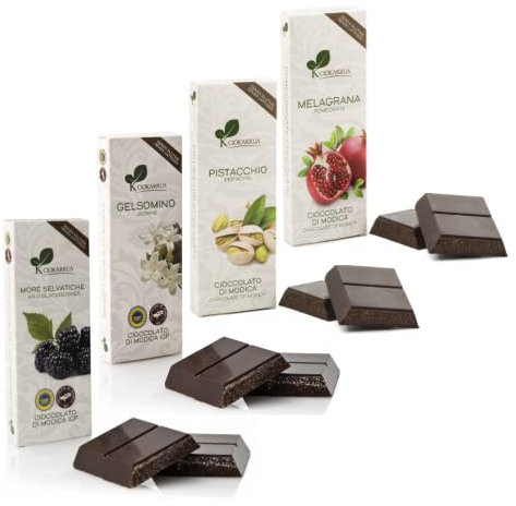Ciokarrua | Cioccolato Modica IGP More | Tavoletta Modica Gelsomino Senza Glutine | Cioccolato Modica Pistacchio | Tavoletta Senza Lattosio Melagrana | Cioccolata Gusti Mix 4 x 100 Gr.