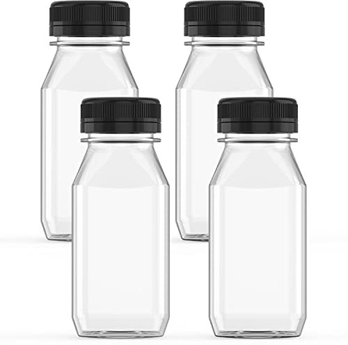 4 Pcs 6 Ounce Plastic Juice Bottle Drink Containers Juicing Bottles with Black Lids, Suitable for Juice, Smoothies, Milk and Homemade Beverages