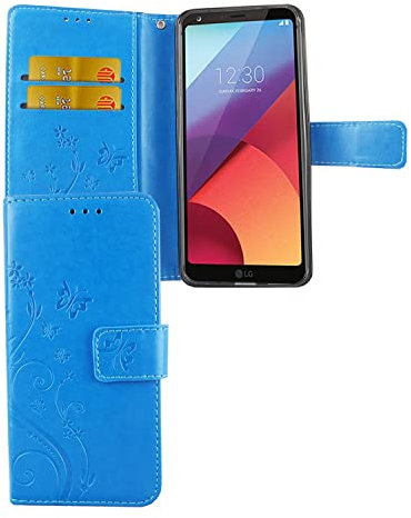 König Design Handyhülle für LG G6 Kunstlederhülle mit Kartenfächer, Schutzhülle mit Standfunktion, Klapphülle Tasche - Blau - Blumen
