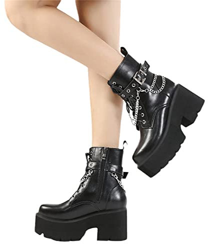 tinetill Botas de Invierno, Zapatos de Invierno para Mujer, Botas con Cordones de caña Corta, Botines góticos Vintage, Zapatos, Botas de Plataforma, Zapatos de tacón Grueso con Cremallera