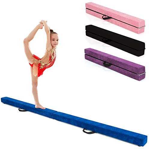GYMAX Schwebebalken, klappbarer Gymnastikbalken mit rutschfestem Boden, Kiefernholzrahme & Tragegriff, Bodenbalken fur Training & Turneh (Blau, 210 cm)
