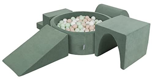 KiddyMoon Spielplatz Velvet Aus Schaumstoff Mit Samt Rund Bällebad (300 Bälle) Ballgruben Für Babys Spielbad Hindernisläufen, Hergestellt In Der EU, Waldgrün: Pastellbeige/Weiß/Minze
