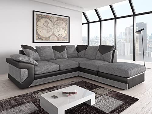 Amazing Sofas large grey corner sofa LARGE-DINO-CORNER-SOFA-GREY-BLACK-LEFT-HAND-SIDE-FOAM. Fire resistant as per British Standards, foam filled seats for comfort. (right arm side)