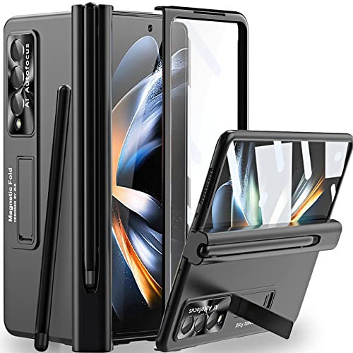 Miimall for Samsung Galaxy Z Fold 4 Case with S pen, Fold 4 Screen Protector Case with Magnetic Hinge Cover & Kickstand, PC Shockproof Full Coverage Protective hinge Cover for Z Fold 4-Black