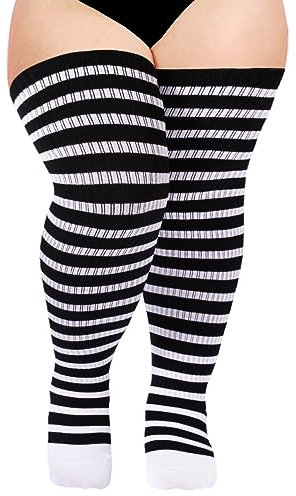 Moon Wood Oberschenkelhohe Socken für Damen, gestrickt, Baumwolle, extra lang, Halloween, Overknee-Socken, Beinstulpen, Schwarz und Weiß, Einheitsgröße