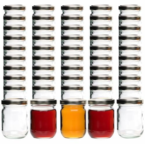 gouveo 50er Set Einmachglas 125 ml (0,12 l) rund Helixglas mit Twist-Off-Schraubdeckel silberfarben – kleine Marmeladengläser Abfüllgläser für Honig, Gewürze, Dessert und Probiergrößen (HEG125S)