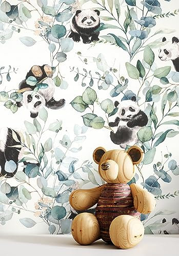 NEWROOM Papier peint Vert Feuille Intissé - Enfants Bleu Noir Eucalyptus Panda Ludique
