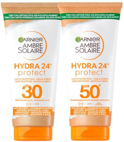 Garnier Ambre Solaire Hydra 24h Protect LSF 30 Hoher Schutz + Garnier Schutzmilch Feuchtigkeitsspendende 24h LSF 50+ Ultra Feuchtigkeitsspendend Sehr hoher Schutz mit Sheabutter - 2 Flaschen à 50 ml