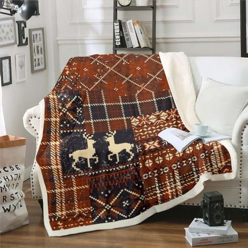 Weihnachten Rentier Werfen Decke Xmas Buffalo Plaid Winter Schneeflocke Jacquard Fuzzy Decke 100x130cm, Gingham Gitter Geometrische Patchwork Thema Fleece Decke Dekorative Sofa Couch