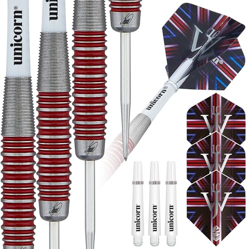 Unicorn Professional Darts Set | James 'The Machine' Wade | 90% Tungsten Barrels with Red Ring Accents | Steel Tip Volute Points | 24 g