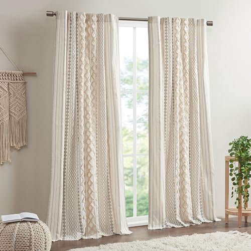 INK+IVY Boho Curtains for Bedroom & Living Room, 100% Cotton Tufted Chenille Stripe Modern Farmhouse Curtains, 50x95 Ivory