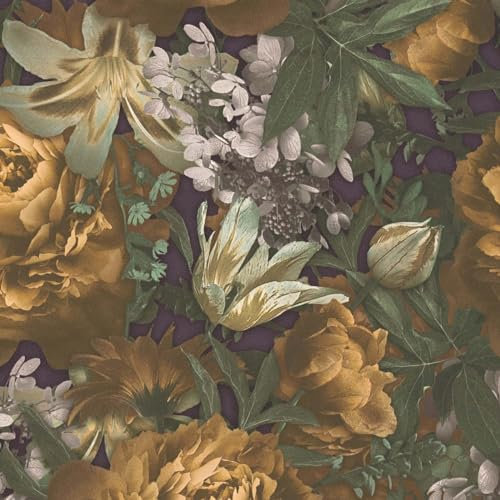 BRICOFLOR Blumentapete im Vintage Stil dunkel 3D Tapete mit Blumen in Gelb Grün und Lila Vliestapete floral für Wohnzimmer