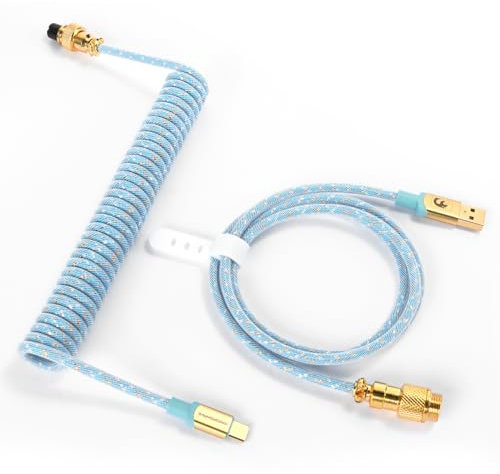 Mambasnake C03 Coiled USB C Keyboard Cable with Detachable Aviator, Double-Sleeved, Pro HyperSpeed Type C with 8KHz Return Rate - LightBlue