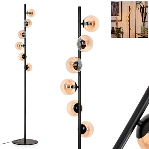 Stehleuchte Remaisnil, Stehlampe aus Metall/Glas in Schwarz/Bernsteinfarben, Standlampe im Retro/Vintage-Design mit Schirmen aus Glas (Ø 10 cm) u. Fußsschalter, Höhe 160 cm, 6 x G9, ohne Leuchtmittel