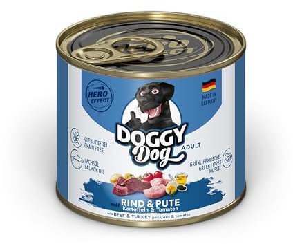 DOGGY Dog Paté Rind & Pute, 6 x 200 g, Nassfutter für Hunde, getreidefreies Hundefutter mit Lachsöl und Grünlippmuschel, Alleinfuttermittel mit Kartoffeln und Tomate, Made in Germany