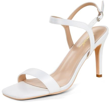 GENSHUO Sandaletten Damen mit Absatz, 8CM High Heel Peep Toe, Satin Sandalen Sommer Elegante Schuhe Party Prom Dress Slingback mit Knöchelriemen, Weißer Satin, 40 EU