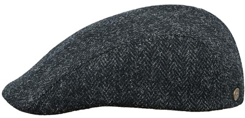 Sterkowski Norte Schiebermütze Herren | Harris Tweed Mit Ohrenklappen | Flatcap Newsboy Cap Schirmmütze Wolle 62 cm Schwarz-Grau