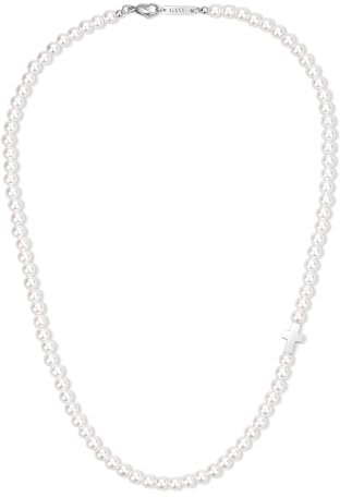 GAVU Herren Halskette mit weißen Muschel Perlen und Edelstahl Kreuz Anhänger 60cm